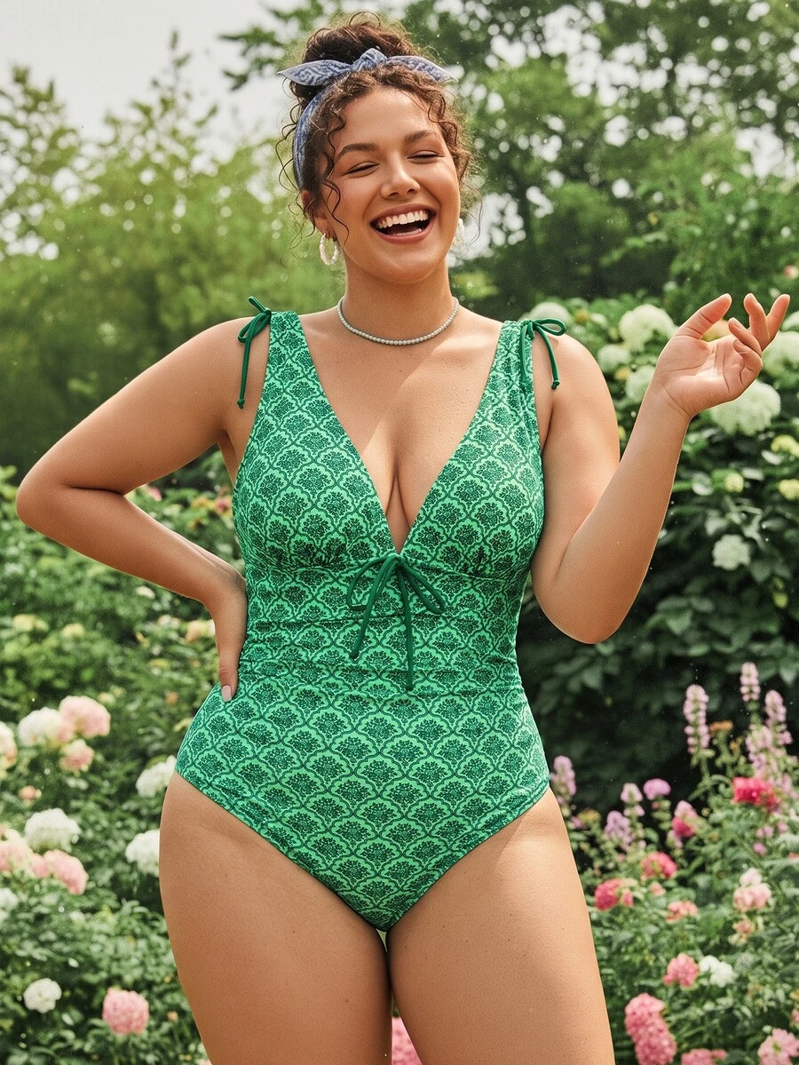 Swim Mod 2026 New Summer Beach Vacation Minimalist Casual Multi-Color Boho Pattern Green Plus Size One-Piece Swimsuit - Green - View 1