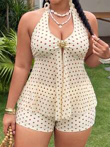 Swim Mod Plus Size Women's Polka Dot Metallic Decor Halter Tankini And Shorts Two-Piece Swimwear Set - Multicolor - View 4