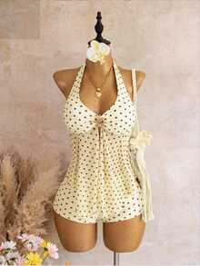 Swim Mod Plus Size Women's Polka Dot Metallic Decor Halter Tankini And Shorts Two-Piece Swimwear Set - Multicolor - View 5