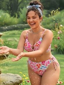 Swim Mod 大尺碼女款花卉全白兩件式細肩帶前綁帶三角比基尼泳衣，海灘度假派對夏季性感休閒熱帶風 - 彩色 - 查看 1