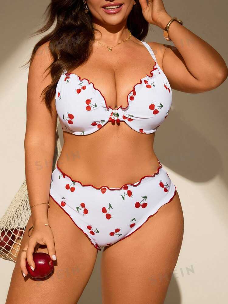 Swim Mod 2pcs/Set Plus Size Women Random Print Gather Swimwear, Sexy Spaghetti Strap Tankini Swimwear For Summer Beach Vacation - White - View 3