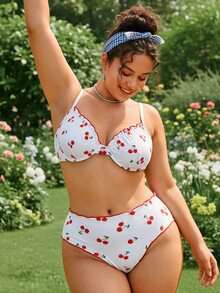 Swim Mod 2pcs/Set Plus Size Women Random Print Gather Swimwear, Sexy Spaghetti Strap Tankini Swimwear For Summer Beach Vacation - White - View 1
