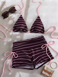 Swim Mod 女款紫色條紋泳衣套裝，夏季海灘度假大尺碼兩件式比基尼，露背掛脖上衣與側綁短褲，優雅泳裝 - 彩色 - 查看 8