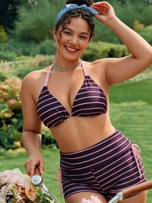 Swim Mod 女款紫色條紋泳衣套裝，夏季海灘度假大尺碼兩件式比基尼，露背掛脖上衣與側綁短褲，優雅泳裝 - 彩色 - 查看 2