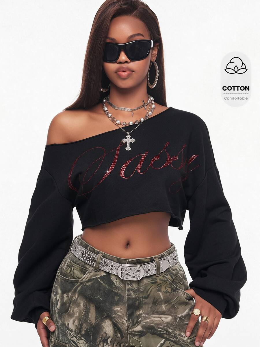 Vadaroq Women's Asymmetric Shoulder Letter Graphic Casual Daily Wear Sweatshirt - Black - View 1