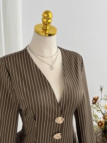 Elamini 女款秋冬條紋V領金屬鈕扣裝飾百褶腰長袖休閒西裝外套 - 棕色 - 查看 3