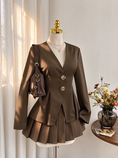 Sunnyshic Women's Autumn/Winter Striped V-Neck Metal Button Decor Pleated Waist Long Sleeve Casual Blazer