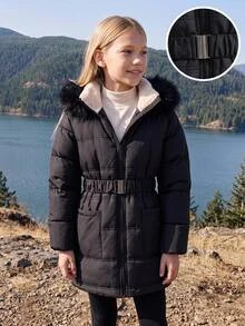 SHEIN 青少年女孩黑色抓絨內裡加厚外套，人造毛領帽，腰帶口袋設計，厚實保暖絎縫夾克，冬季聖誕外套 - 黑色 - 查看 9