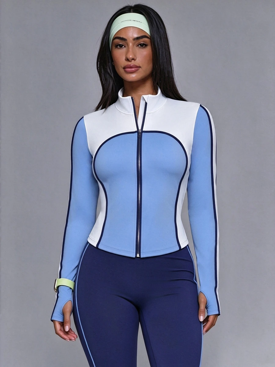 SHEIN Dewbera 1pc + Regular Jacket + Color Block Design/Basic Style/White & Blue + Sports Jacket + Fitness/Yoga - Multicolor - View 1
