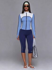 SHEIN Dewbera 1pc + Regular Jacket + Color Block Design/Basic Style/White & Blue + Sports Jacket + Fitness/Yoga - Multicolor - View 3