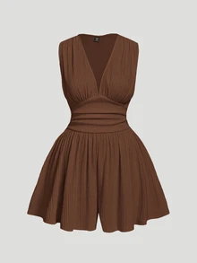 SHEIN MOD V-Neck Ruffled Waist Short Plus Size Women's Jumpsuit - Brown - View 1