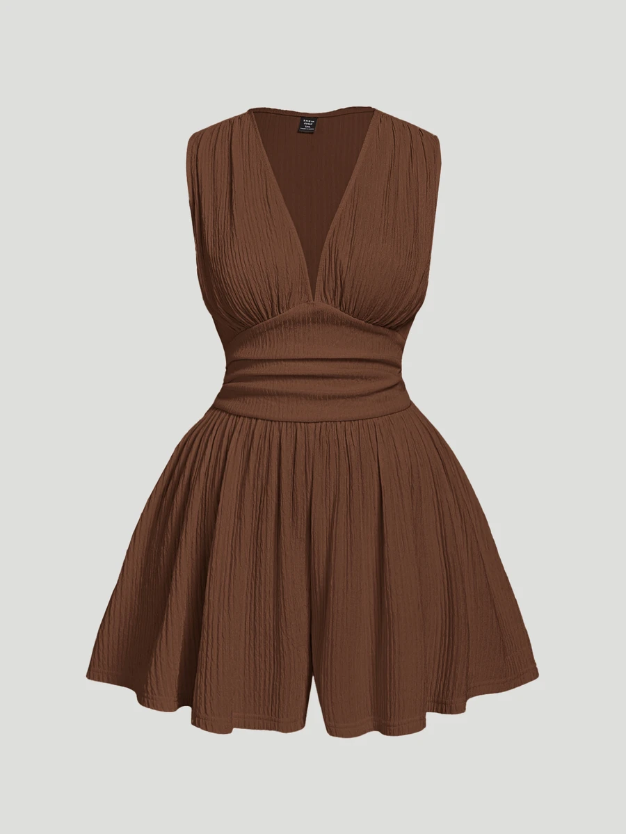 SHEIN MOD V-Neck Ruffled Waist Short Plus Size Women's Jumpsuit - Brown - View 1