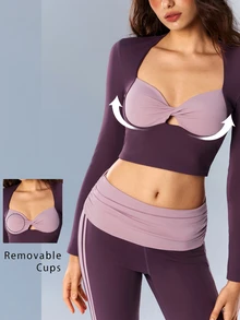 VARSIVA Women's Color-Blocked Twist T-Shirt With Twist Design And Built-In Bra Pads, Suitable For Casual Fitness And Sports Activities, Including Yoga. - Purple - View 2
