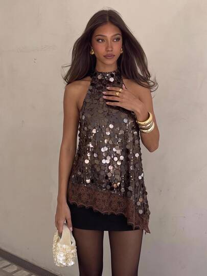 Siren Gaze Lace Patchwork Sequin Top For Women, Elegant Sexy Party Night Cocktail/Date Outfit Coffee Brown