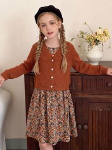 SHEIN 2pcs/Set Girls Casual Matching Cute Ribbed Knit Cardigan Floral Camisole Dress Summer Pearl Button Outerwear Thanksgiving Party Rust Orange Dark Brown - Brown - View 8