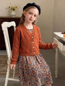 SHEIN 2pcs/Set Girls Casual Matching Cute Ribbed Knit Cardigan Floral Camisole Dress Summer Pearl Button Outerwear Thanksgiving Party Rust Orange Dark Brown - Brown - View 6