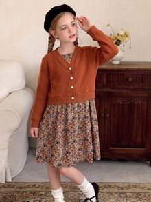 SHEIN 2pcs/Set Girls Casual Matching Cute Ribbed Knit Cardigan Floral Camisole Dress Summer Pearl Button Outerwear Thanksgiving Party Rust Orange Dark Brown - Brown - View 4