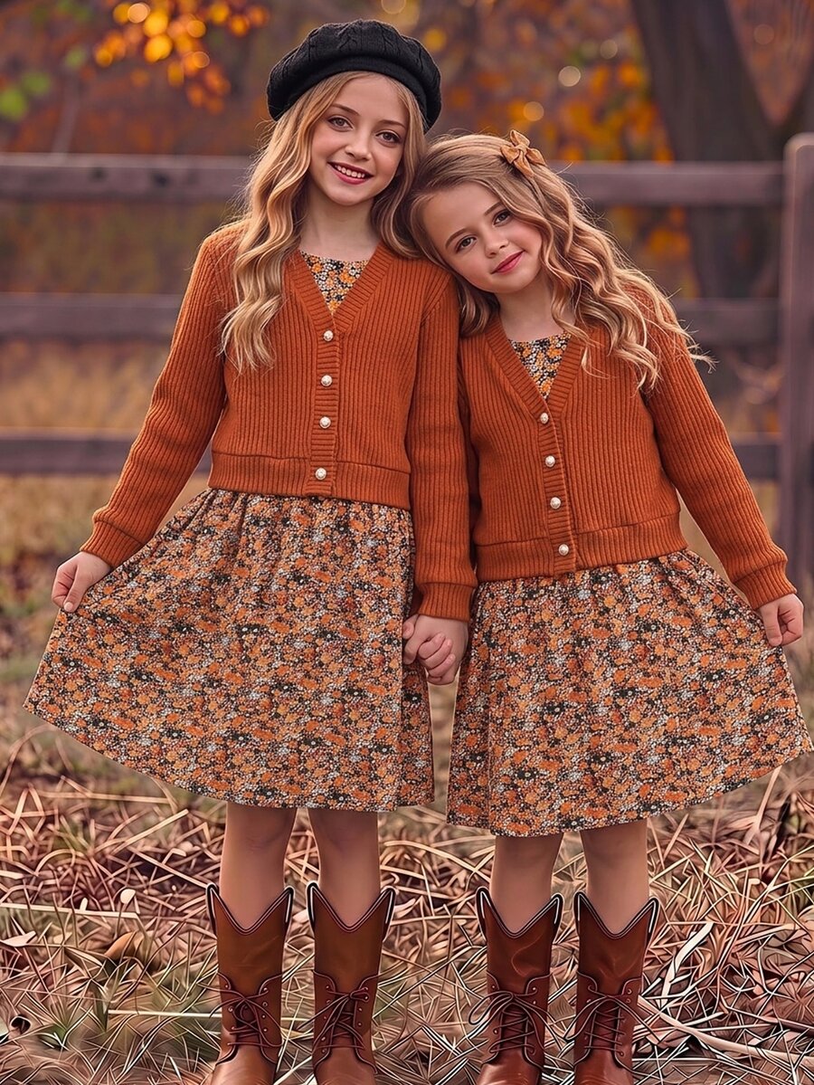 SHEIN 2pcs/Set Girls Casual Matching Cute Ribbed Knit Cardigan Floral Camisole Dress Summer Pearl Button Outerwear Thanksgiving Party Rust Orange Dark Brown - Brown - View 1