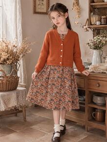 SHEIN 2pcs/Set Girls Casual Matching Cute Ribbed Knit Cardigan Floral Camisole Dress Summer Pearl Button Outerwear Thanksgiving Party Rust Orange Dark Brown - Brown - View 3