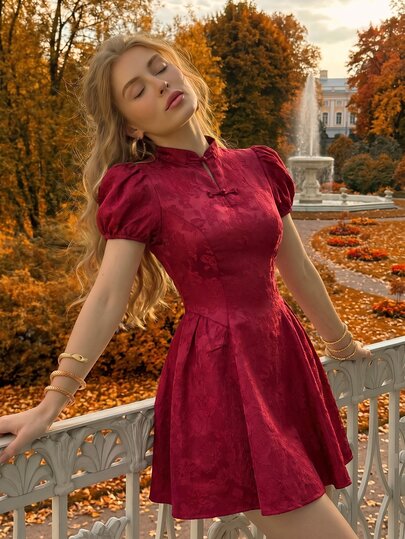 SHEIN MOD Red Floral Jacquard Mini Dress For Women Chinese Style With Puff Sleeves And Stand Collar,Retro Dresses For Woman,New Year,Luxury,Vacation