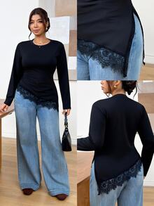 SHEIN Frenchy تي شيرت نسائي مقاس كبير من الدانتيل الفرنسي بتصميم مرقع وحافة غير متماثلة، كاجوال للمكتب والعمل والأعمال، مناسب للخريف والشتاء، تي شيرت كاجوال للمعلمات - الأسود - مشاهدة 7