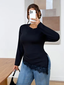 SHEIN Frenchy تي شيرت نسائي مقاس كبير من الدانتيل الفرنسي بتصميم مرقع وحافة غير متماثلة، كاجوال للمكتب والعمل والأعمال، مناسب للخريف والشتاء، تي شيرت كاجوال للمعلمات - الأسود - مشاهدة 3