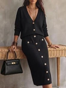 Linhara CURVE Plus Size Vintage Elegant Button Long Sleeve Sweater And Knitted Skirt Set Fall Office Date Night Black Winter - Black - View 1
