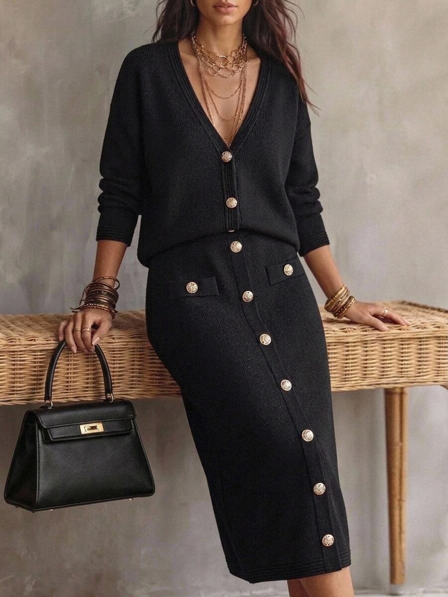 Linhara CURVE Plus Size Vintage Elegant Button Long Sleeve Sweater And Knitted Skirt Set Fall Office Date Night Black Winter - Black - View 1
