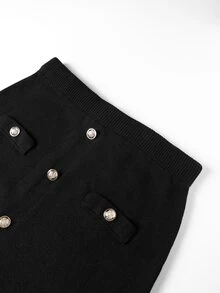 Linhara CURVE Plus Size Vintage Elegant Button Long Sleeve Sweater And Knitted Skirt Set Fall Office Date Night Black Winter - Black - View 6