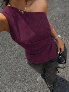 Aloruh Women's Solid Color One Shoulder Sleeveless Side Tie Asymmetric Hem Fashion Blouse - Purple - View 5