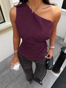 Aloruh Women's Solid Color One Shoulder Sleeveless Side Tie Asymmetric Hem Fashion Blouse - Purple - View 4