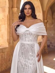 Glamrae Gaun Pengantin Ukuran Plus Elegan Romantis Glamor Berhiaskan Manik-manik Bordir Patchwork Satin Tanpa Bahu Lengan Kupu-kupu Ukuran Plus Potongan Pas Badan Model Duyung Dengan Ekor - Putih - View 2