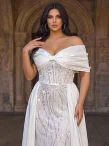 Glamrae Gaun Pengantin Ukuran Plus Elegan Romantis Glamor Berhiaskan Manik-manik Bordir Patchwork Satin Tanpa Bahu Lengan Kupu-kupu Ukuran Plus Potongan Pas Badan Model Duyung Dengan Ekor - Putih - View 7
