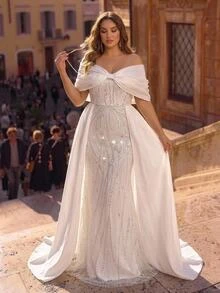 Glamrae Gaun Pengantin Ukuran Plus Elegan Romantis Glamor Berhiaskan Manik-manik Bordir Patchwork Satin Tanpa Bahu Lengan Kupu-kupu Ukuran Plus Potongan Pas Badan Model Duyung Dengan Ekor - Putih - View 5