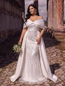 Glamrae Gaun Pengantin Ukuran Plus Elegan Romantis Glamor Berhiaskan Manik-manik Bordir Patchwork Satin Tanpa Bahu Lengan Kupu-kupu Ukuran Plus Potongan Pas Badan Model Duyung Dengan Ekor - Putih - View 8