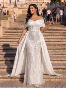 Glamrae Gaun Pengantin Ukuran Plus Elegan Romantis Glamor Berhiaskan Manik-manik Bordir Patchwork Satin Tanpa Bahu Lengan Kupu-kupu Ukuran Plus Potongan Pas Badan Model Duyung Dengan Ekor - Putih - View 3