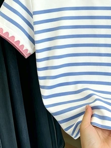 SHEIN [Printed Design] 1pc Tween Girls Simple Striped Puppy Pattern Short Sleeve T-Shirt, Suitable For Spring Summer Autumn Wear Top, Simple Casual Daily Style T-Shirt - Multicolor - View 5