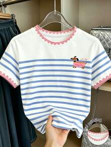 SHEIN [Printed Design] 1pc Tween Girls Simple Striped Puppy Pattern Short Sleeve T-Shirt, Suitable For Spring Summer Autumn Wear Top, Simple Casual Daily Style T-Shirt - Multicolor - View 1