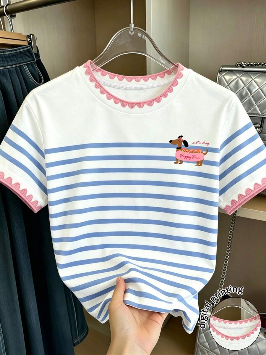 SHEIN [Printed Design] 1pc Tween Girls Simple Striped Puppy Pattern Short Sleeve T-Shirt, Suitable For Spring Summer Autumn Wear Top, Simple Casual Daily Style T-Shirt - Multicolor - View 1