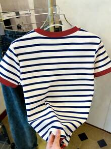 SHEIN [Printed Design] Young Girls Casual Comfortable Fashion Striped Collar And Cuff Contrast Print Cherry Pattern Short Sleeve Round Neck T-Shirt Summer Tops - Multicolor - View 3
