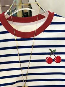 SHEIN [Printed Design] Young Girls Casual Comfortable Fashion Striped Collar And Cuff Contrast Print Cherry Pattern Short Sleeve Round Neck T-Shirt Summer Tops - Multicolor - View 6