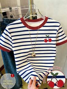 SHEIN [Printed Design] Young Girls Casual Comfortable Fashion Striped Collar And Cuff Contrast Print Cherry Pattern Short Sleeve Round Neck T-Shirt Summer Tops - Multicolor - View 5