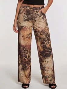 Opulessa Women's Western 70s 70's Inspired Cowboy Vacation Style Patchwork Leopard Print Tie-Up Drawstring Waist Straight Leg Pants Fall - Rust Brown - View 3