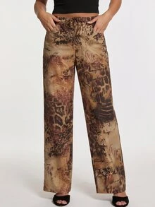 Opulessa Women's Western 70s 70's Inspired Cowboy Vacation Style Patchwork Leopard Print Tie-Up Drawstring Waist Straight Leg Pants Fall - Rust Brown - View 4