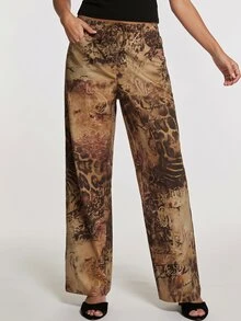 Opulessa Women's Western 70s 70's Inspired Cowboy Vacation Style Patchwork Leopard Print Tie-Up Drawstring Waist Straight Leg Pants Fall - Rust Brown - View 5