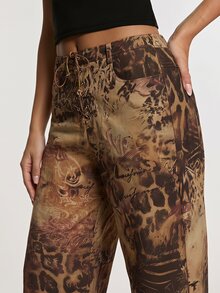 Opulessa Women's Western 70s 70's Inspired Cowboy Vacation Style Patchwork Leopard Print Tie-Up Drawstring Waist Straight Leg Pants Fall - Rust Brown - View 6