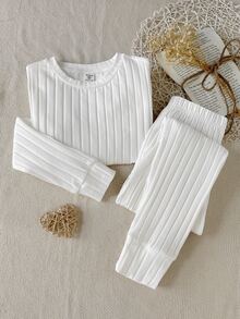 SHEIN Tween女孩白色羅紋簡約時尚長袖上衣與長褲套裝居家服 秋冬款 - 白色 - 查看 5