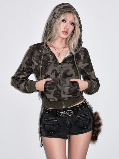 Sudadera con capucha casual de mujer estilo Y2K Grunge Gyaru verde oliva con strass y camuflaje para streetwear y salidas nocturnas de primavera
