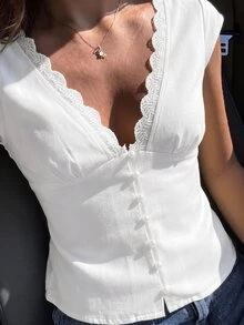 Firerie Women's Color Block Lace Deep V-Neck Sleeveless Sexy Romantic Blouse, Elegant Shirt, Vacation Suitable For Spring And Summer White - White - View 1
