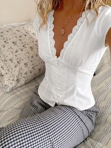 Firerie Women's Color Block Lace Deep V-Neck Sleeveless Sexy Romantic Blouse, Elegant Shirt, Vacation Suitable For Spring And Summer White - White - View 5